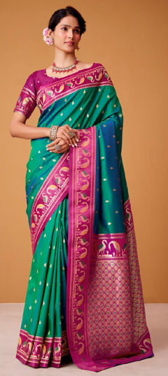 Green color Saree in Satin Silk fabric with Weaving work