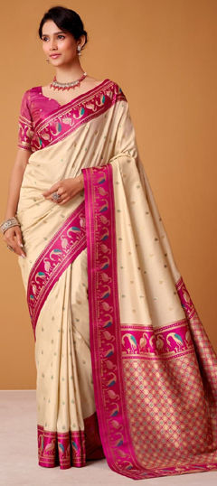 Beige and Brown color Saree in Satin Silk fabric with Weaving work