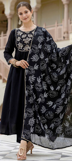 Black and Grey color Salwar Kameez in Chinon Silk fabric with Embroidered work