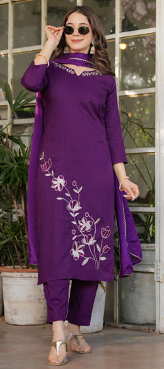 Purple and Violet color Salwar Kameez in Rayon, Viscose fabric with Thread work