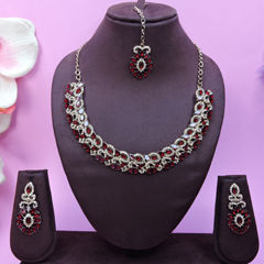 Gold Rodium Polish Red and Maroon color Necklace in Metal Alloy studded with CZ Diamond, Pearl