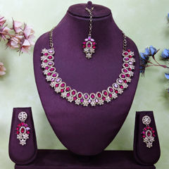 Gold Rodium Polish Pink and Majenta color Necklace in Metal Alloy studded with CZ Diamond, Kundan