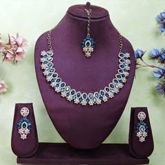 Gold Rodium Polish Blue color Necklace in Metal Alloy studded with CZ Diamond, Kundan
