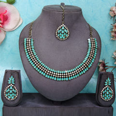Gold Rodium Polish Blue color Necklace in Metal Alloy studded with CZ Diamond, Pearl