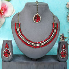 Gold Rodium Polish Red and Maroon color Necklace in Metal Alloy studded with CZ Diamond, Pearl