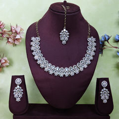 Gold Rodium Polish White and Off White color Necklace in Metal Alloy studded with CZ Diamond, Kundan