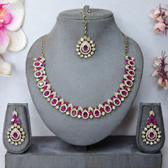 Gold Rodium Polish Pink and Majenta color Necklace in Metal Alloy studded with CZ Diamond