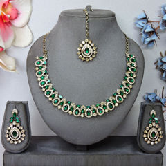 Gold Rodium Polish Green color Necklace in Metal Alloy studded with CZ Diamond