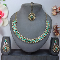 Gold Rodium Polish Blue color Necklace in Metal Alloy studded with CZ Diamond