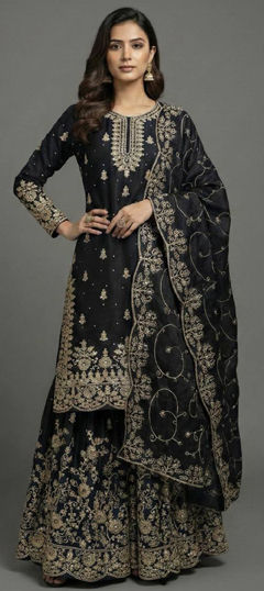 Black and Grey color Salwar Kameez in Silk fabric with Embroidered, Sequence, Thread, Zari work