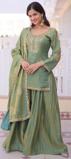 Green color Salwar Kameez in Tissue fabric with Embroidered, Sequence, Thread work