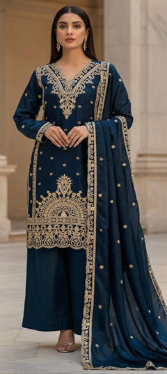 Blue color Salwar Kameez in Chinon Silk fabric with Embroidered, Sequence, Thread, Zari work