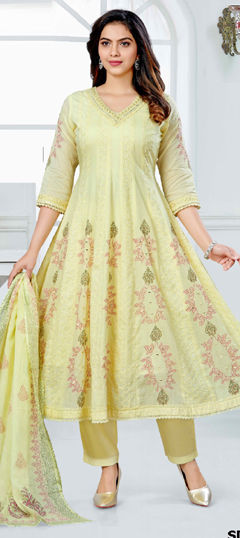 Yellow color Salwar Kameez in Cotton Flex fabric with Embroidered, Resham, Sequence work