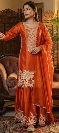 Orange color Salwar Kameez in Chinon Silk fabric with Embroidered, Sequence, Thread, Zari work