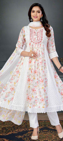 White and Off White color Salwar Kameez in Cotton Flex fabric with Embroidered, Floral, Printed, Resham, Sequence work