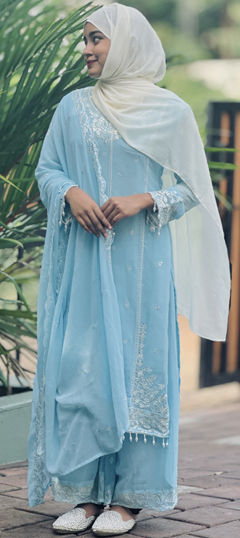 Blue color Salwar Kameez in Faux Georgette fabric with Embroidered, Sequence, Thread work