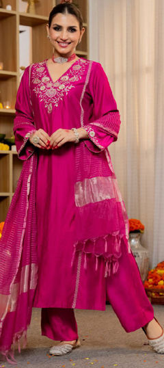 Pink and Majenta color Salwar Kameez in Silk fabric with Embroidered, Resham, Thread work