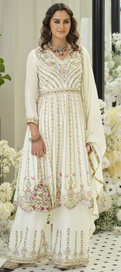 White and Off White color Salwar Kameez in Chinon Silk fabric with Embroidered, Mirror, Sequence, Thread work