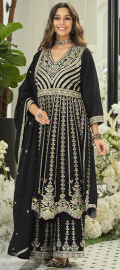Black and Grey color Salwar Kameez in Chinon Silk fabric with Embroidered, Mirror, Sequence, Thread work