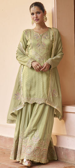 Green color Salwar Kameez in Chinon Silk fabric with Embroidered, Sequence, Thread, Zari work
