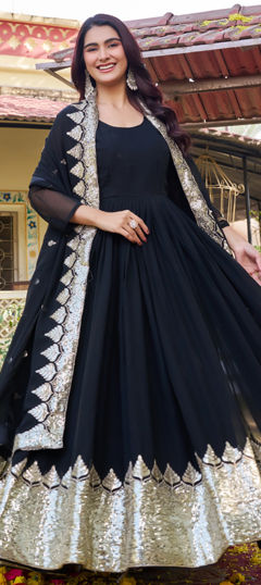 Black and Grey color Gown in Faux Georgette fabric with Embroidered, Sequence, Thread work