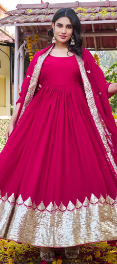 Pink and Majenta color Gown in Faux Georgette fabric with Embroidered, Sequence, Thread work