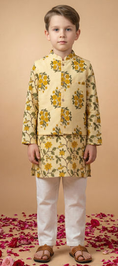 Beige and Brown color Boys Kurta Pyjama with Jacket in Cotton fabric with Floral, Printed work