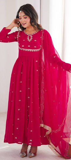 Pink and Majenta color Salwar Kameez in Georgette fabric with Embroidered, Sequence work