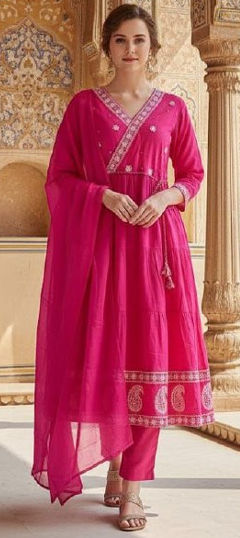 Pink and Majenta color Salwar Kameez in Cotton fabric with Embroidered, Sequence, Thread work