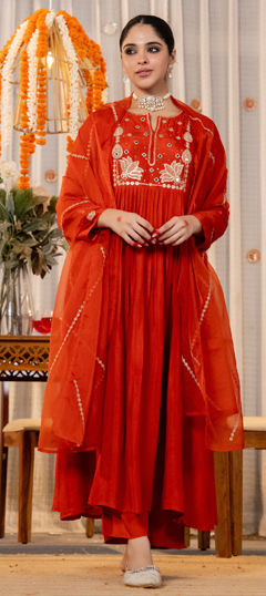 Beige and Brown color Salwar Kameez in Chanderi Silk fabric with Embroidered, Thread work