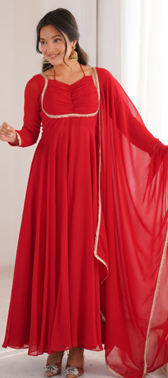 Red and Maroon color Gown in Georgette fabric with Lace work