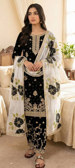 Black and Grey color Salwar Kameez in Silk fabric with Embroidered, Sequence, Thread work