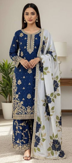 Blue color Salwar Kameez in Silk fabric with Embroidered, Sequence, Thread work