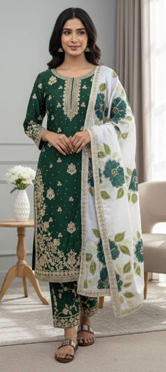 Green color Salwar Kameez in Silk fabric with Embroidered, Sequence, Thread work