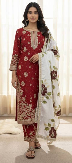 Red and Maroon color Salwar Kameez in Silk fabric with Embroidered, Sequence, Thread work