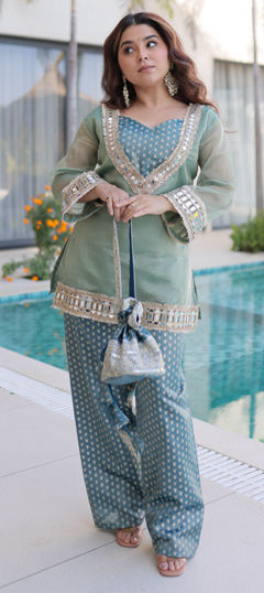 Blue color Salwar Kameez in Silk fabric with Lace, Mirror work