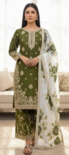 Green color Salwar Kameez in Silk fabric with Embroidered, Sequence, Thread work