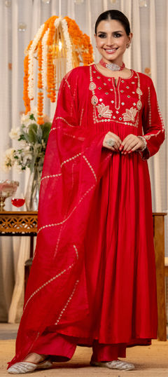 Red and Maroon color Salwar Kameez in Chanderi Silk fabric with Embroidered, Thread work