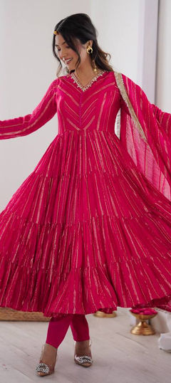 Pink and Majenta color Salwar Kameez in Chanderi Silk fabric with Lace, Mirror work