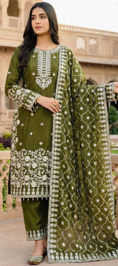 Green color Salwar Kameez in Silk fabric with Embroidered, Sequence, Thread work