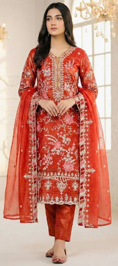 Orange color Salwar Kameez in Crushed Silk fabric with Embroidered, Sequence, Thread work