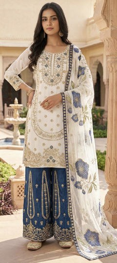 White and Off White color Salwar Kameez in Silk fabric with Embroidered, Sequence, Thread work