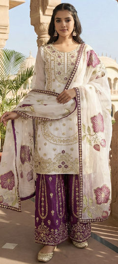 White and Off White color Salwar Kameez in Silk fabric with Embroidered, Sequence, Thread work