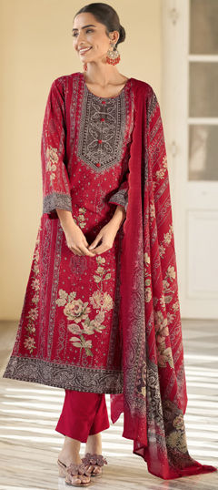 Red and Maroon color Salwar Kameez in Cotton, Lawn fabric with Digital Print, Floral, Resham, Sequence, Thread work