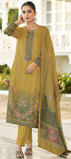 Yellow color Salwar Kameez in Cotton, Lawn fabric with Digital Print, Floral, Resham, Sequence, Thread work