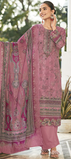 Pink and Majenta color Salwar Kameez in Cotton, Lawn fabric with Digital Print, Floral, Resham, Sequence, Thread work