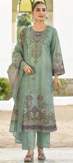 Blue color Salwar Kameez in Cotton, Lawn fabric with Digital Print, Floral, Resham, Sequence, Thread work