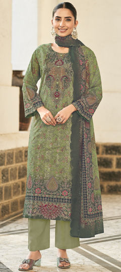 Green color Salwar Kameez in Cotton, Lawn fabric with Digital Print, Floral, Resham, Sequence, Thread work