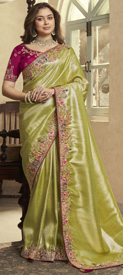 Green color Saree in Jacquard fabric with Embroidered, Sequence, Stone, Thread, Weaving, Zari work
