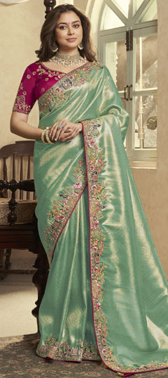 Green color Saree in Jacquard fabric with Embroidered, Sequence, Stone, Thread, Weaving, Zari work